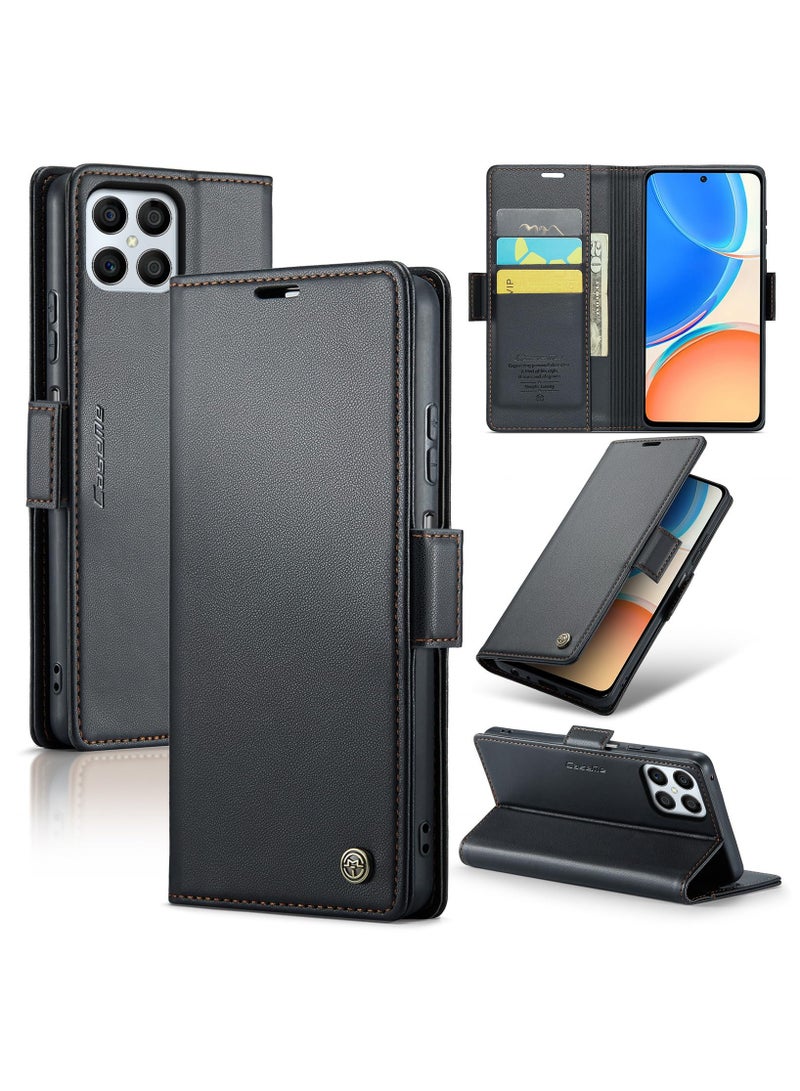 CaseMe Phone Case Luxury PU Leather Design Anti Fingerprint 023 Flip Cover Card Slot Holder Cover For Honor X8 (Black) - Image 1