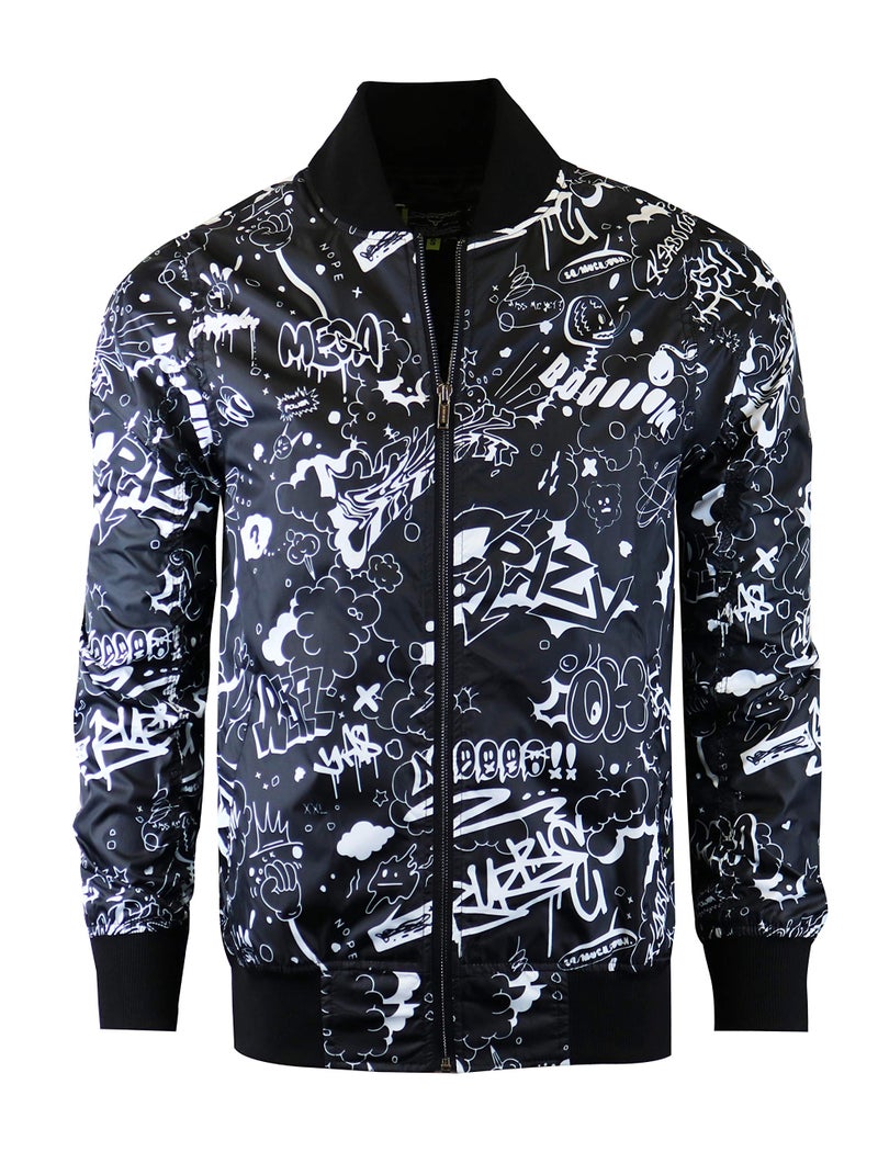SCREENSHOTS51050 HipHop Urban Fashion Bomber Jacket Outdoor Lightweight Streetwear Crazy Writing Cartoon Graffiti Print Zip Up TopBlackMedium