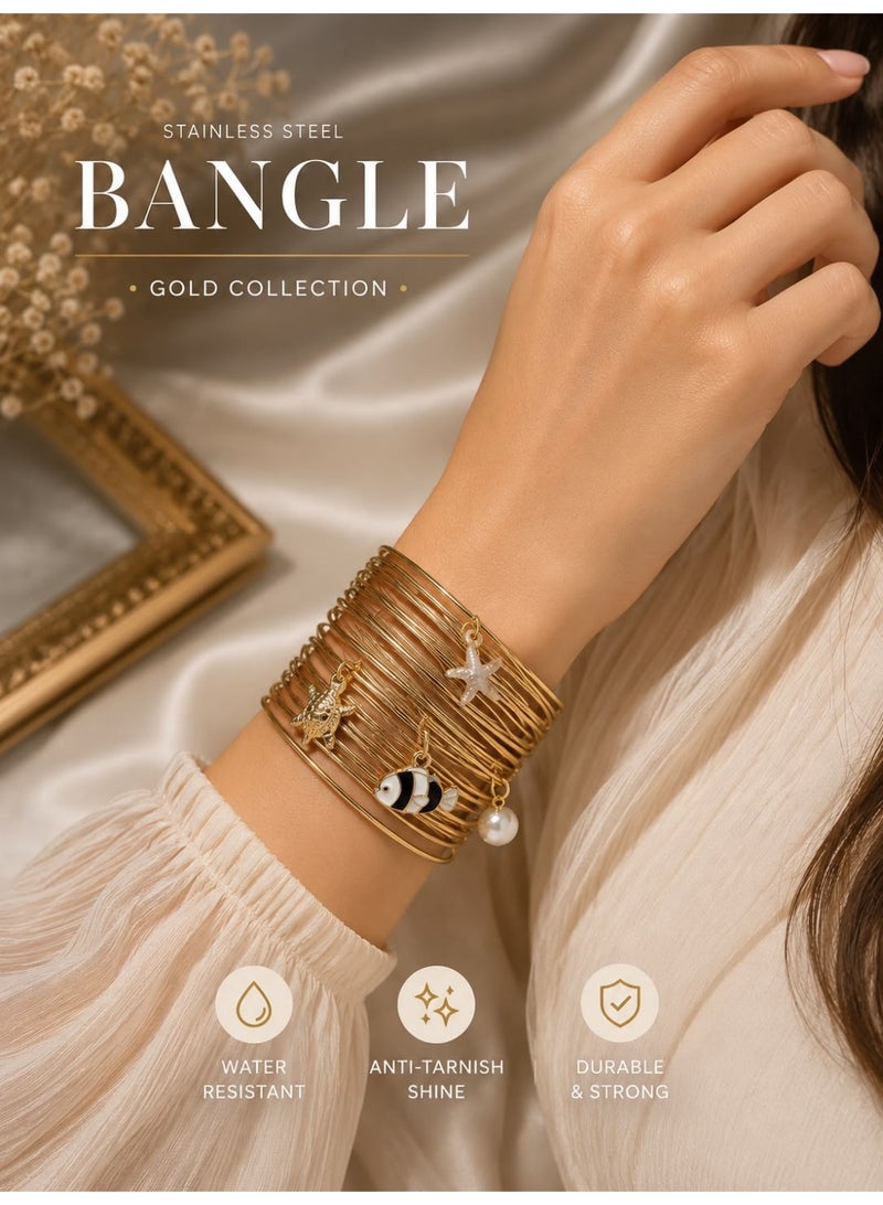 Shein Women's Stainless Steel Open Cuff Bangle Bracelet, Gold Color, Ocean-Inspired Charms, Water Resistant & Tarnish Resistant - Shapes may vary - Image 1