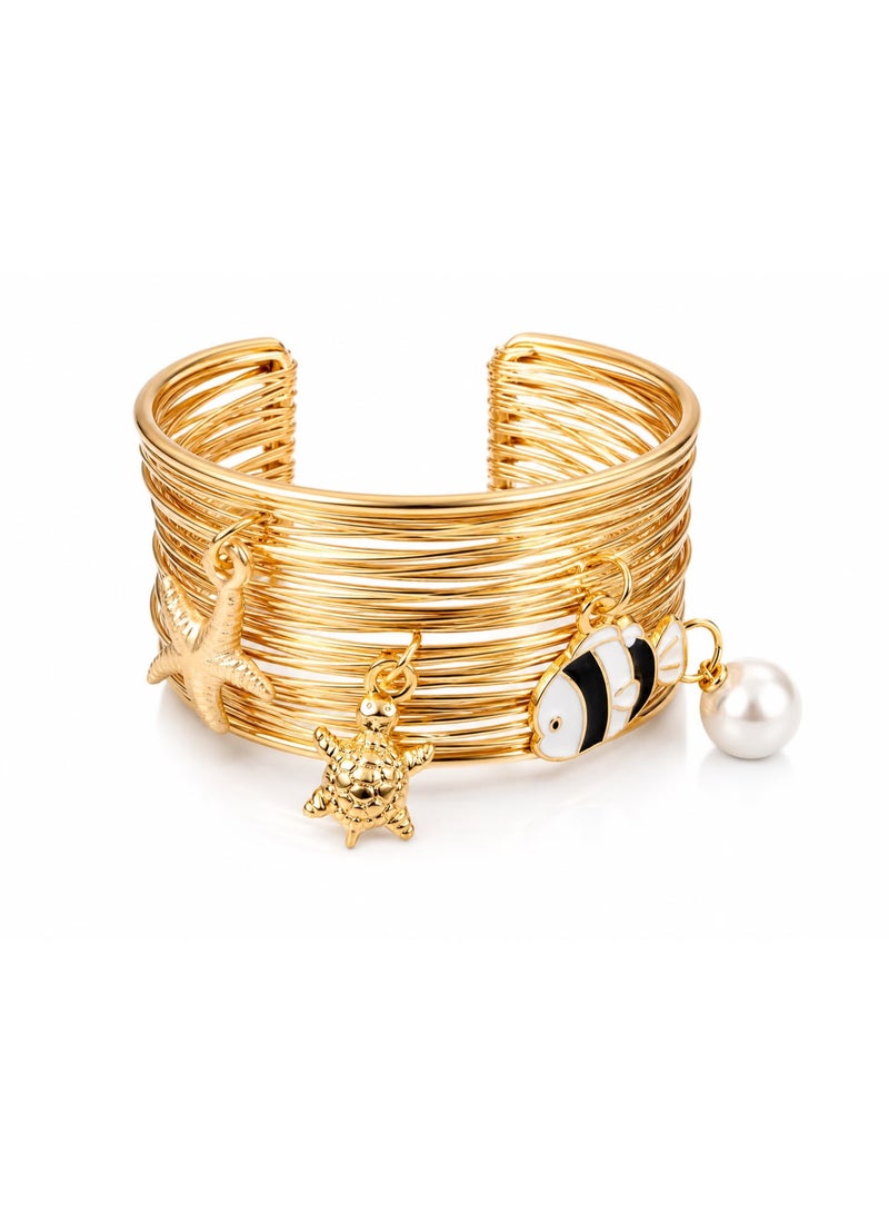 Shein Women's Stainless Steel Open Cuff Bangle Bracelet, Gold Color, Ocean-Inspired Charms, Water Resistant & Tarnish Resistant - Shapes may vary - Image 3
