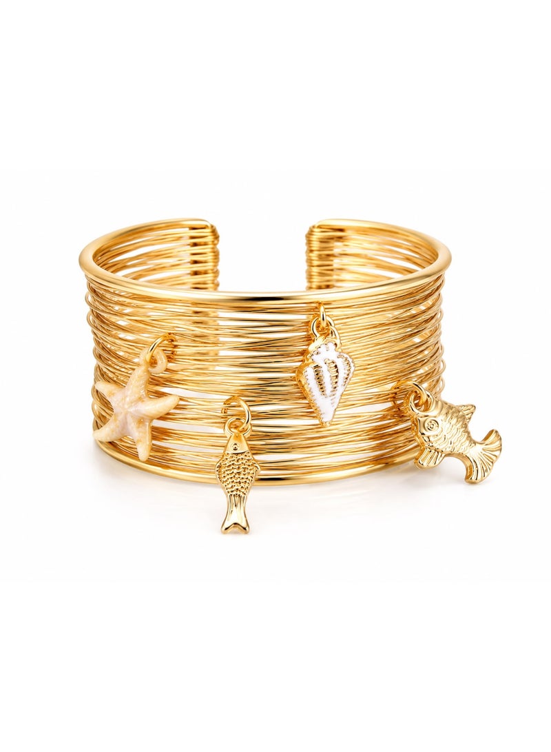 Shein Women's Stainless Steel Open Cuff Bangle Bracelet, Gold Color, Ocean-Inspired Charms, Water Resistant & Tarnish Resistant - Shapes may vary - Image 2
