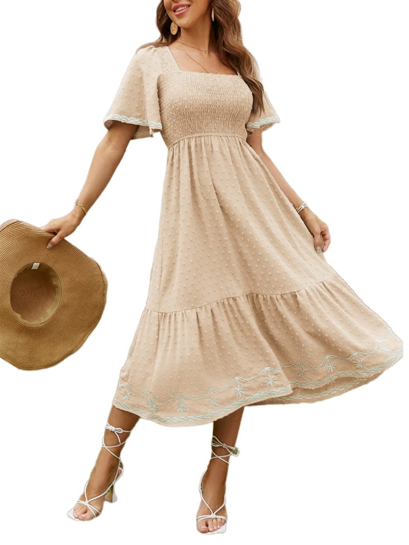 Glamaker Women's Short Sleeve Smocked Square Neck A Line Summer Flowy Midi Dress - Image 1