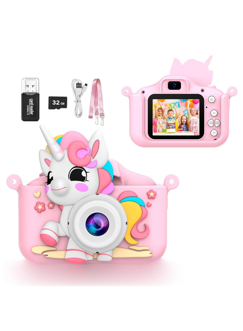 OasisLink Kids Toy Camera, Digital Camera for Toddlers, Portable Digital Camera with Video, for Boys and Girls Aged 3-12, Christmas Birthday Gift for Kids, with 32G SD Card and USB Reader (Pink-Unicorn)  - Image 1