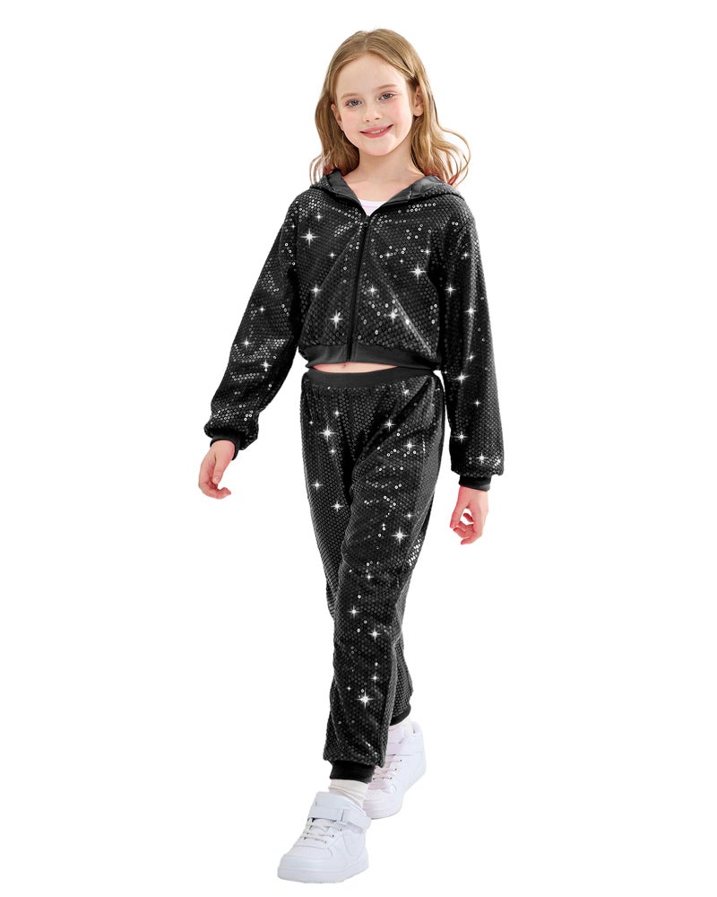 Lolanta Girls Sequin Jacket Dance Trouser Sequin Black Dance Outfits Spring Coat Hip-Hop Dance Costume (Black  5-6 Years) - Image 1