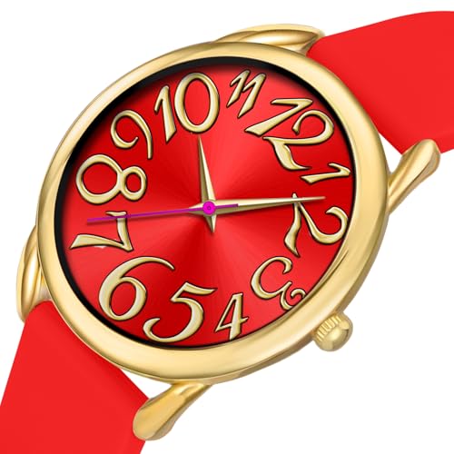 Bisley 38MM Women Gold Watch Big Face Colorful Dial Arabic Number Easy to Read Red Silicone Strap Watch - Image 3