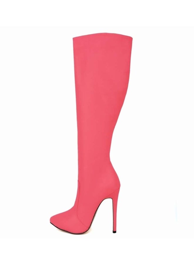 Loquat New autumn and winter style slimming knee-high stiletto heel boots the heel height 10 cm and the shaft length 50 cm Rose Red - Image 2