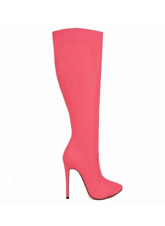 Loquat New autumn and winter style slimming knee-high stiletto heel boots the heel height 10 cm and the shaft length 50 cm Rose Red - Image 1