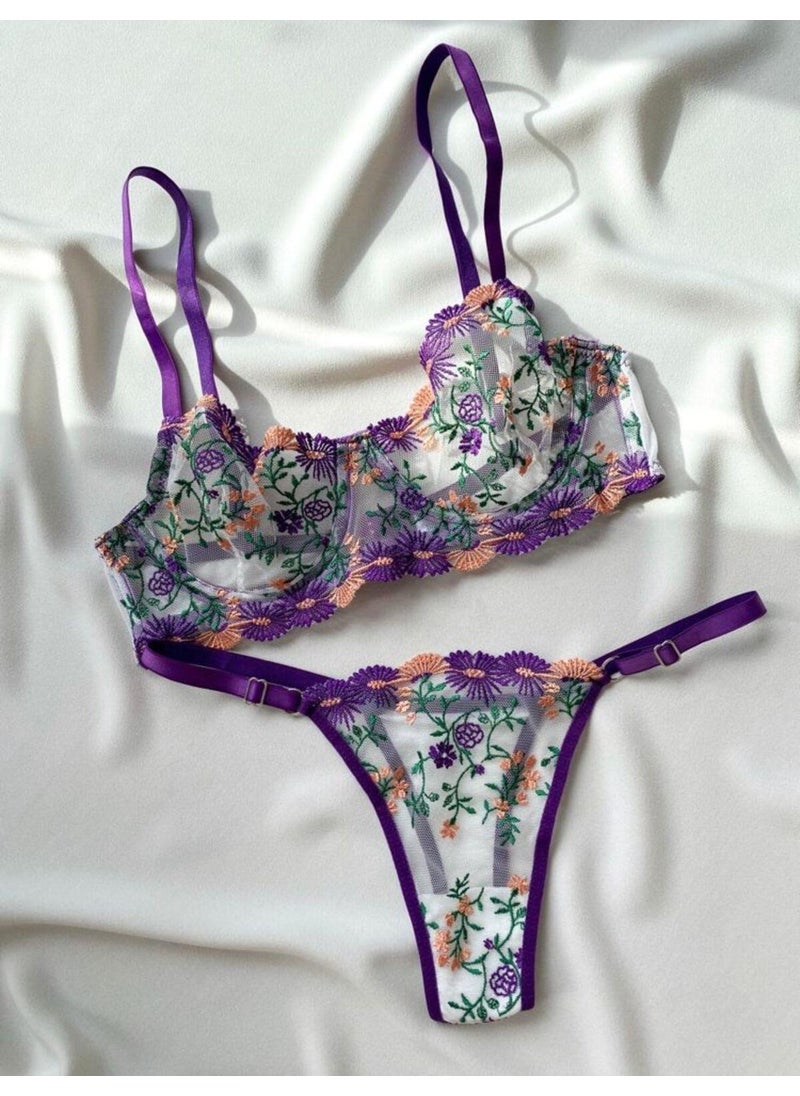 La Linaa Violet Floral Patterned Thong Panty Bra Set 