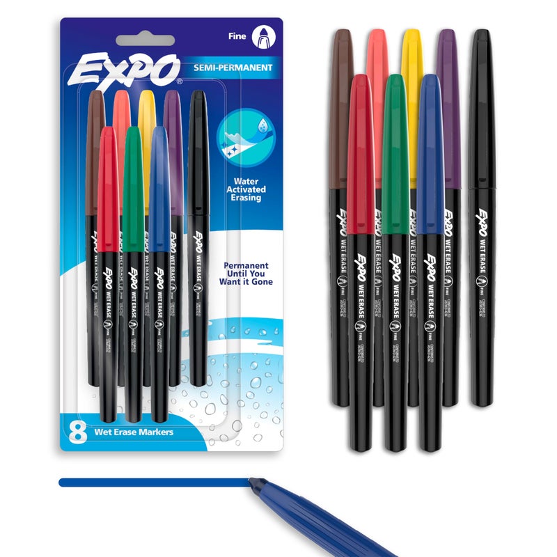 EXPO Wet Erase Markers, Semi-Permanent, Assorted Colors, Fine Tip, 8 Count - For Writing on Glass, Whiteboards, Mirrors, Calendar, Labeling, Organizing - Image 1