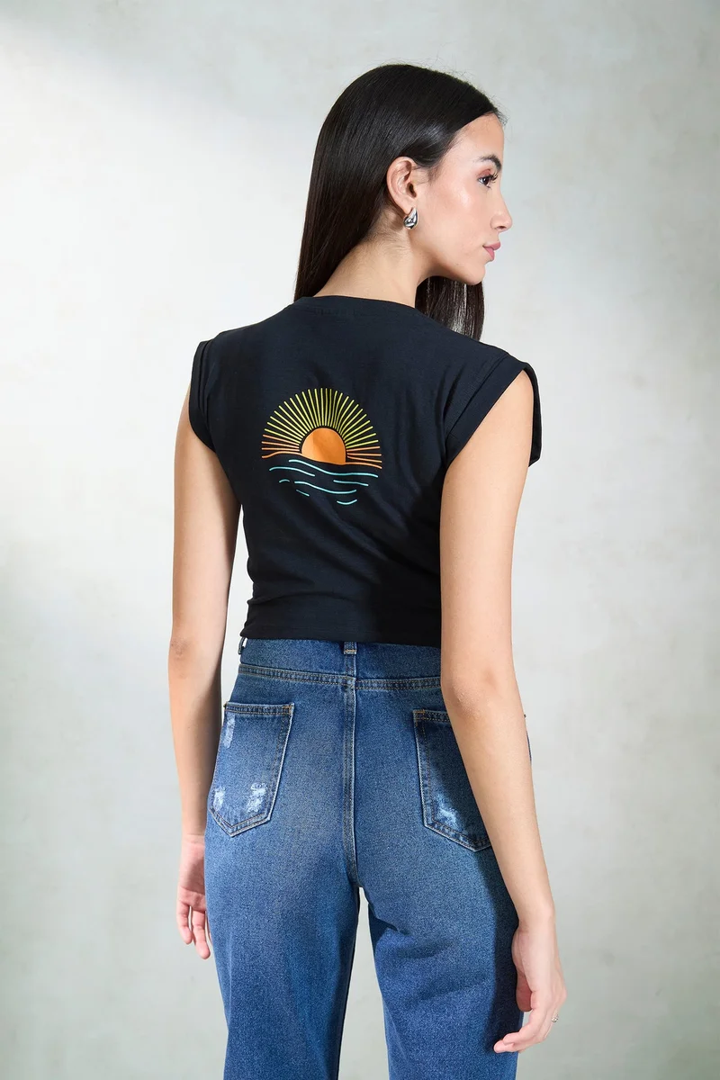 Virgio  Solid Cotton Jersey Knit Black Tee for Women for Women | Best Price UAE