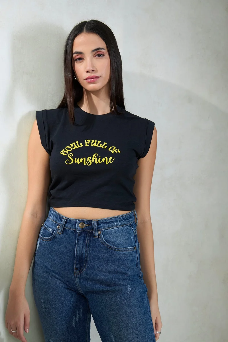 فيرجيو Solid Cotton Jersey Knit Black Tee for Women