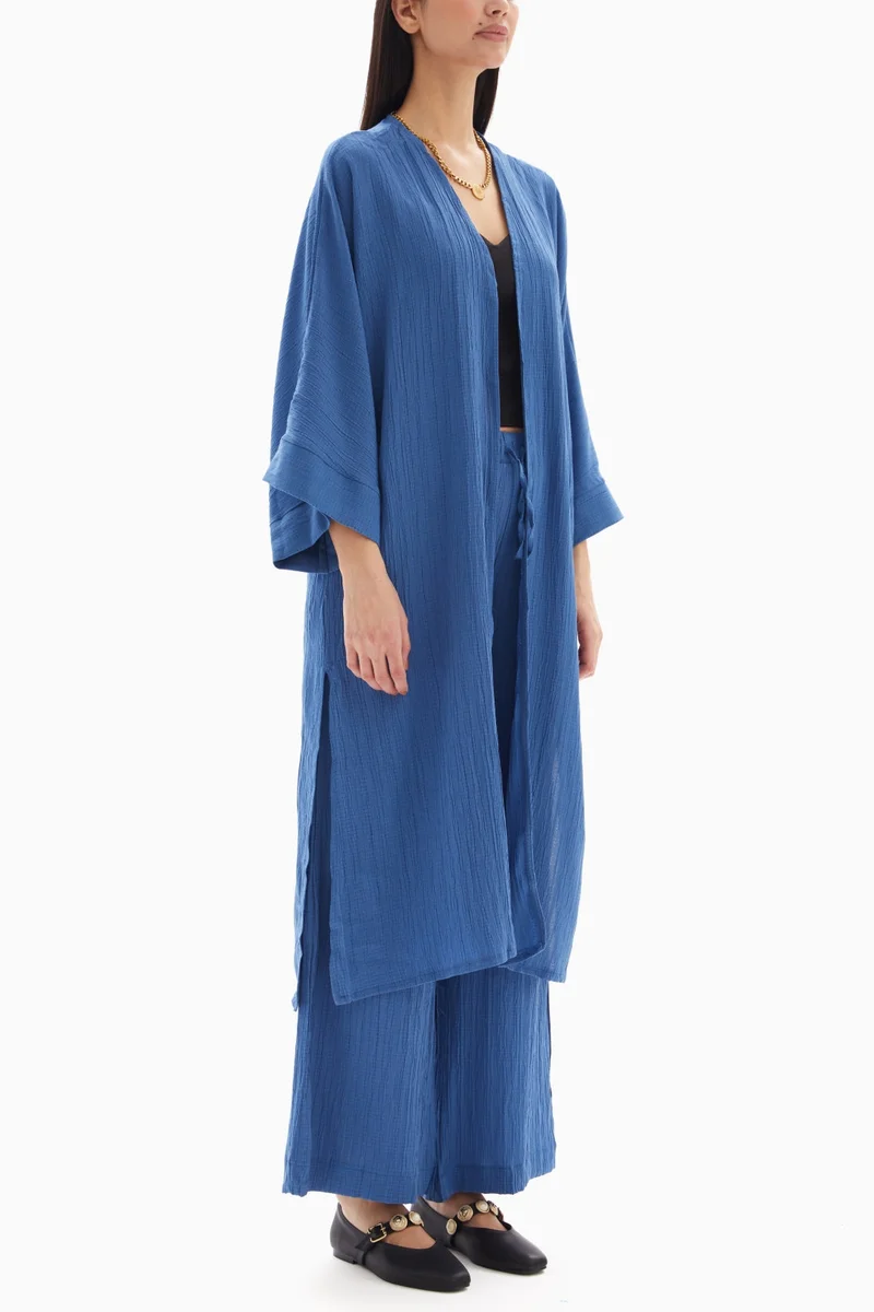 Wecre8 Blue Textured Set of Kimono with Trousers By WECRE8