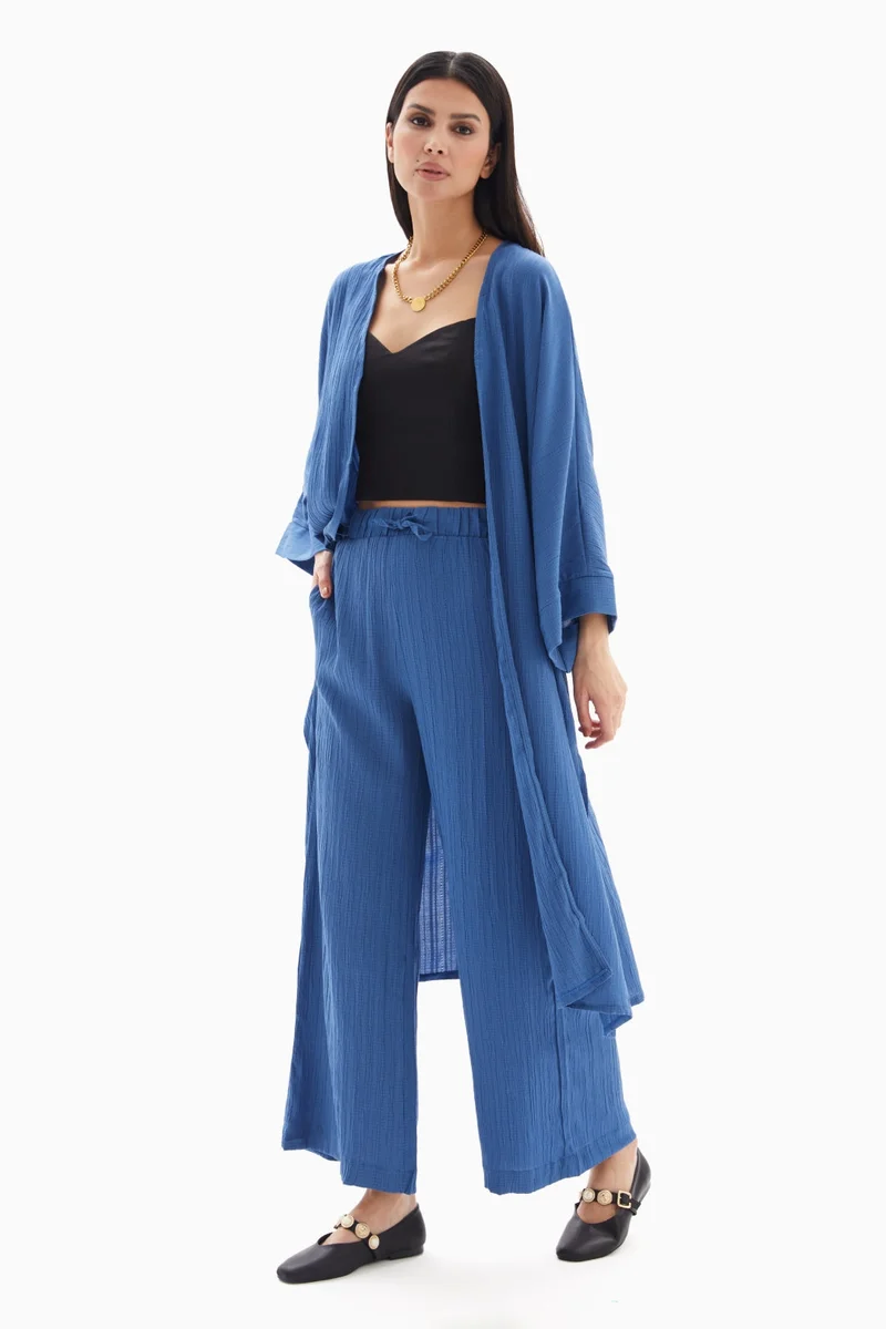 Wecre8 Blue Textured Set of Kimono with Trousers By WECRE8