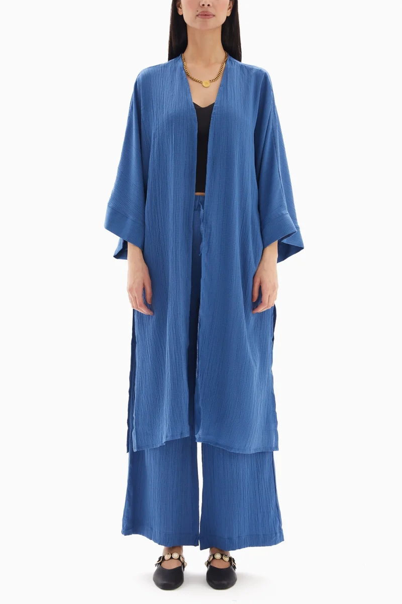 Wecre8 Blue Textured Set of Kimono with Trousers By WECRE8