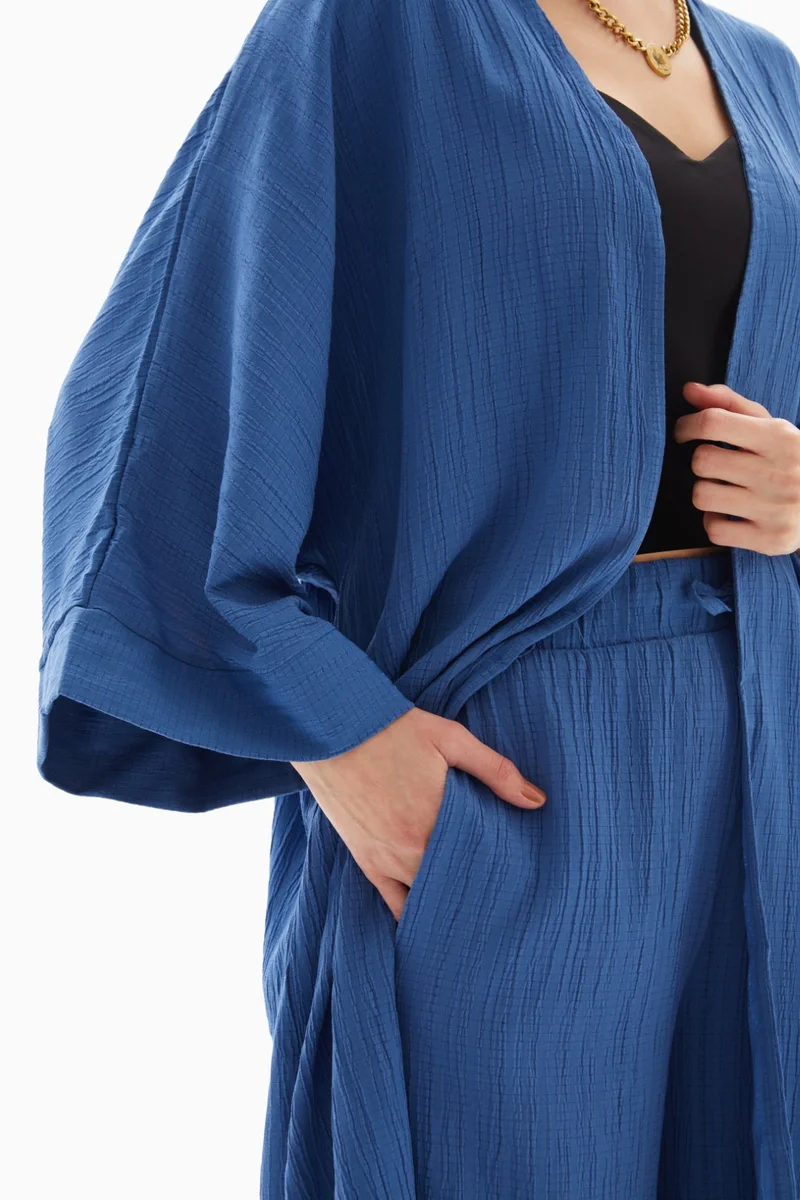 Wecre8 Blue Textured Set of Kimono with Trousers By WECRE8