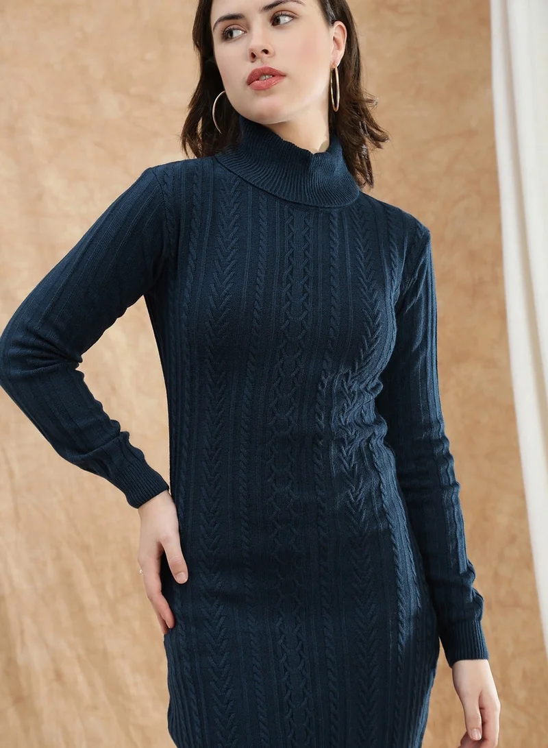 جلو باص Globus Women Blue Turtle Neck Long Sleeves Self Design Ribbed Hem Mini Bodycon Winterwear Dress