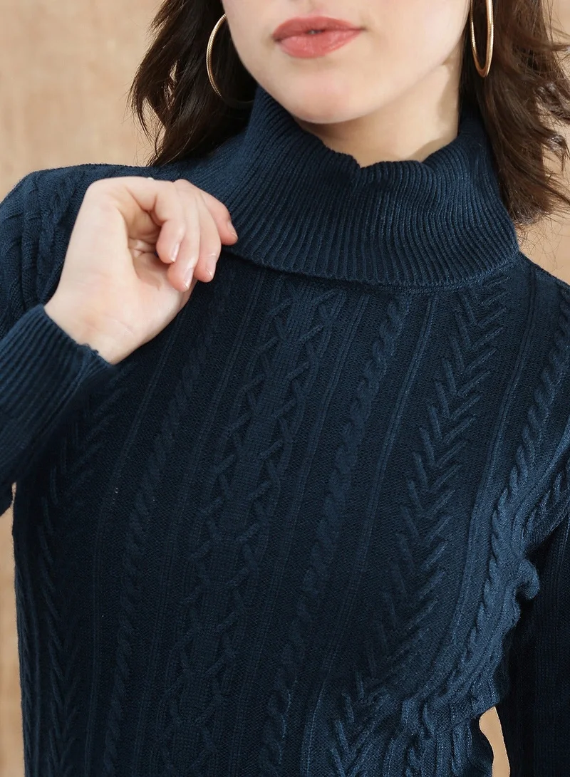 globus Globus Women Blue Turtle Neck Long Sleeves Self Design Ribbed Hem Mini Bodycon Winterwear Dress