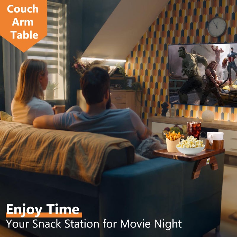 Acanacle Couch Armrest Table Acacia with 360Â°Rotating Phone & Cup Holders,15.4" x 9.8", 3-in-1 Couch Arm Tray Clip-On Couch Tray for Drinks & Snacks - Image 4