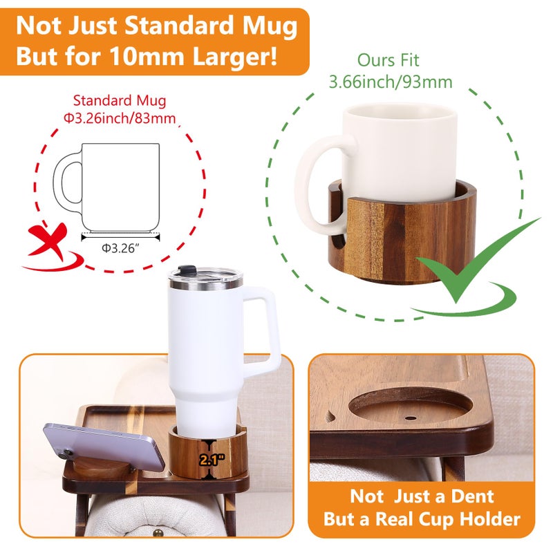 Acanacle Couch Armrest Table Acacia with 360Â°Rotating Phone & Cup Holders,15.4" x 9.8", 3-in-1 Couch Arm Tray Clip-On Couch Tray for Drinks & Snacks - Image 3