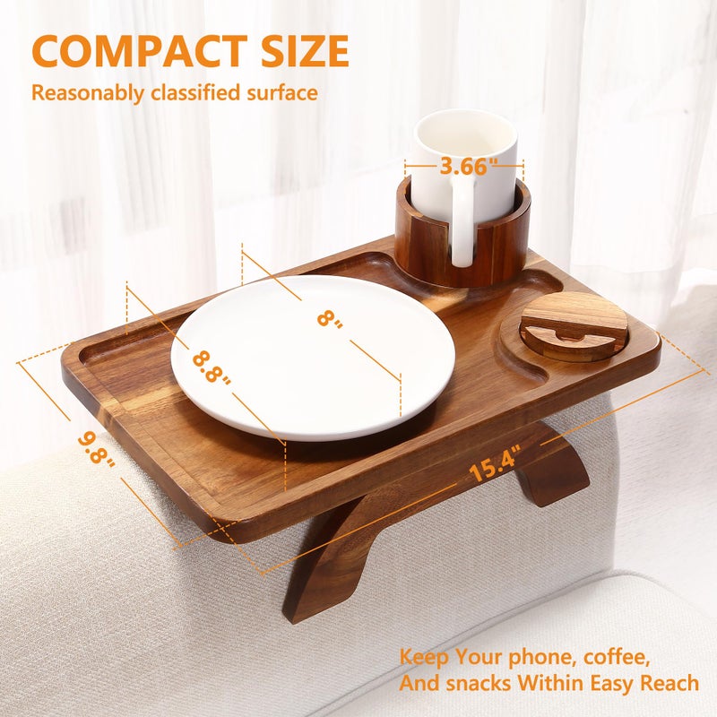 Acanacle Couch Armrest Table Acacia with 360Â°Rotating Phone & Cup Holders,15.4" x 9.8", 3-in-1 Couch Arm Tray Clip-On Couch Tray for Drinks & Snacks - Image 2