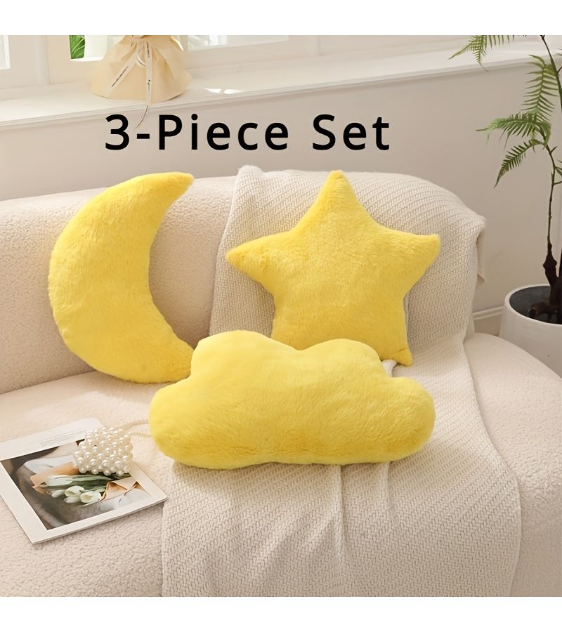 Set Of 3 Warm Yellow Moon Star And Cloud Polygonal Throw Pillow Covers For Living Room Sofa Bedroom Home Decor - Image 2