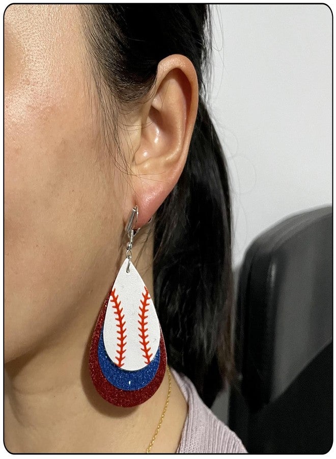 Fusamk Baseball Faux Leather Earrings Lightweight Teardrop Earrings Sequin Dangle Earrings(Blue Red) - Image 2