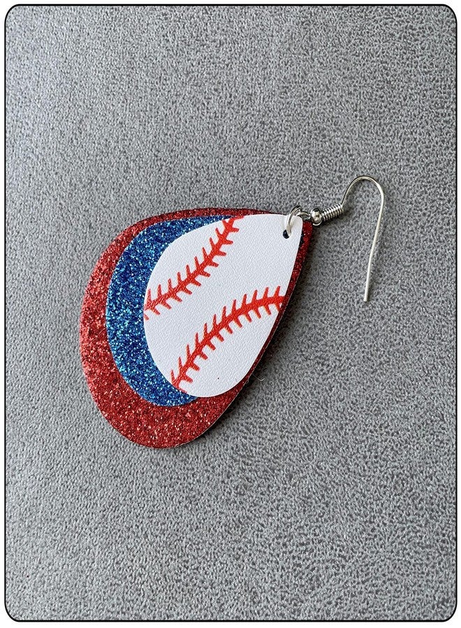 Fusamk Baseball Faux Leather Earrings Lightweight Teardrop Earrings Sequin Dangle Earrings(Blue Red) - Image 5