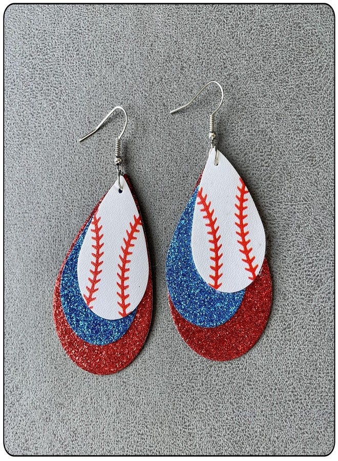 Fusamk Baseball Faux Leather Earrings Lightweight Teardrop Earrings Sequin Dangle Earrings(Blue Red) - Image 3