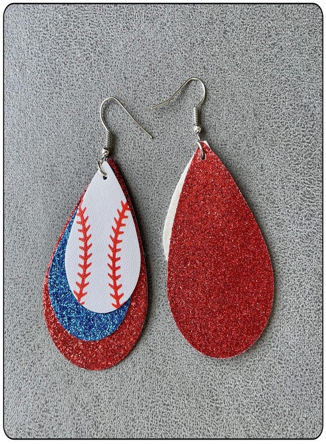 Fusamk Baseball Faux Leather Earrings Lightweight Teardrop Earrings Sequin Dangle Earrings(Blue Red) - Image 4