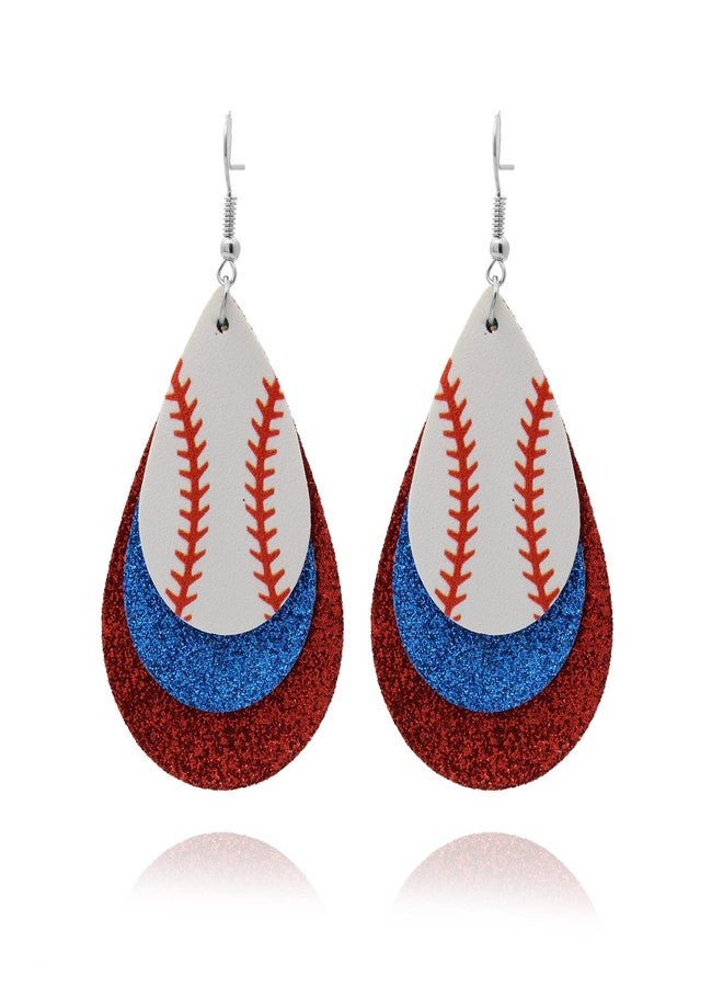 Fusamk Baseball Faux Leather Earrings Lightweight Teardrop Earrings Sequin Dangle Earrings(Blue Red) - Image 1