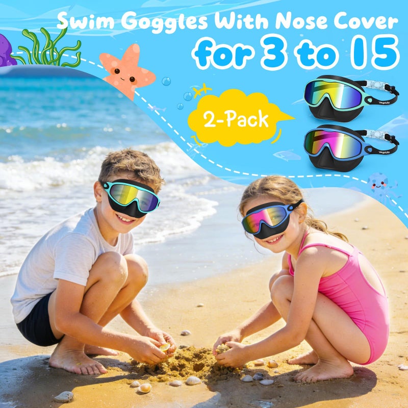 VegoVia 2 Pack Kids Swim Goggles with Nose Cover, Anti-Fog UV Protection Swimming Goggles for Kids Youth 3-15 Wide View,Adjustable Strap - Image 2