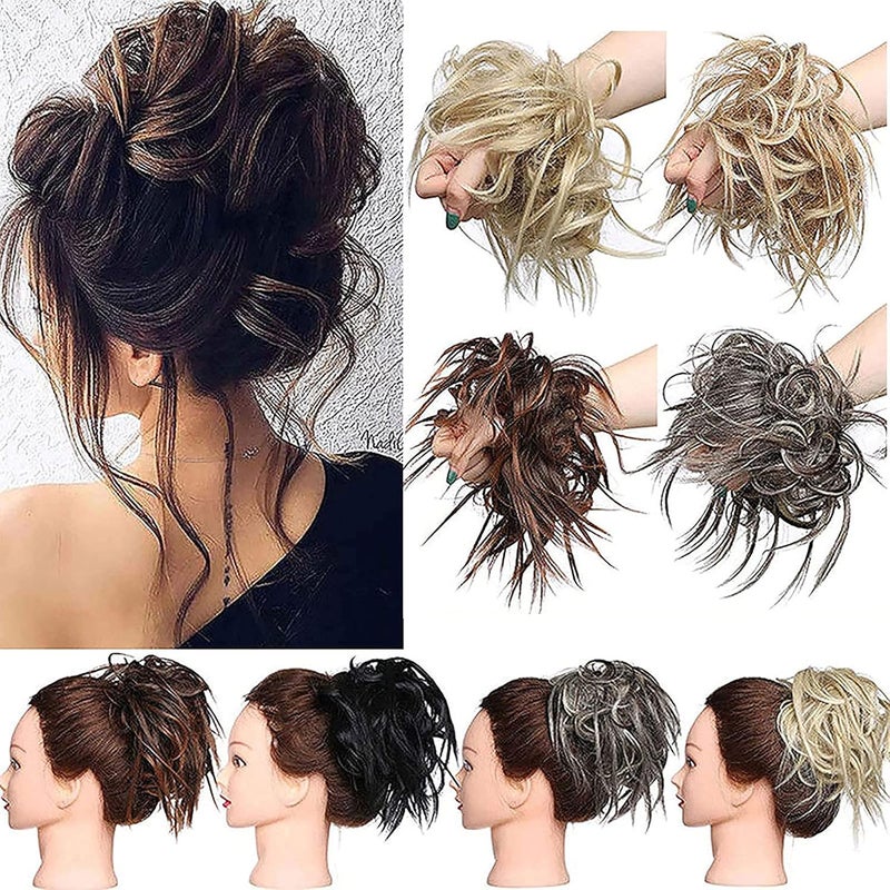 Messy Hair Bun Chignons Synthetic Hair Extensions Wavy Donut Updo Scrunchy Curly Hairpieces Dark Brown