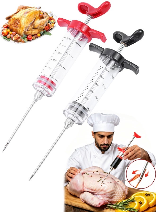 2 Pcs Meat Injector,Portable Plastic Marinade Turkey Injector Syringe with Screw on Meat Needle for Smoker BBQ Grill,food syringe,1 oz,Red and black - Image 1
