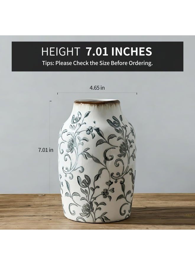 SIDUCAL Ceramic Vintage Vase, 7 Inch Retro Ice Cracked Chinoiserie Floral Vase, Rustic Farmhouse Vases for Home Decor, Bookshelf, Office, Garden, Chinoiserie Decor, Tuscan Decor, Gray Floral Pattern - Image 2