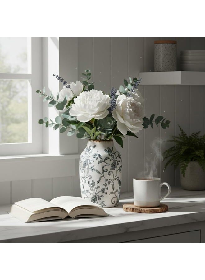 SIDUCAL Ceramic Vintage Vase, 7 Inch Retro Ice Cracked Chinoiserie Floral Vase, Rustic Farmhouse Vases for Home Decor, Bookshelf, Office, Garden, Chinoiserie Decor, Tuscan Decor, Gray Floral Pattern - Image 5