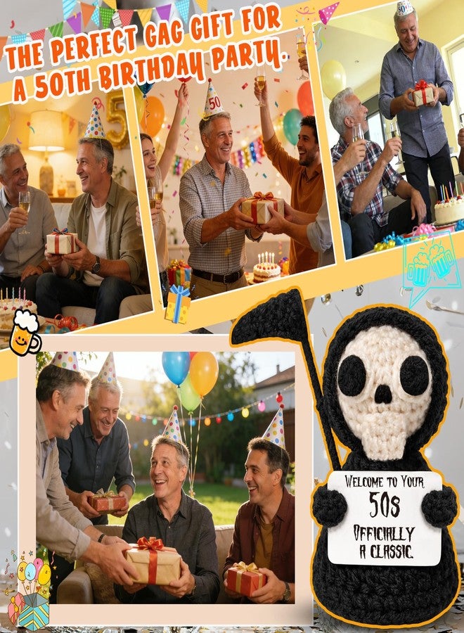 Frabaca Happy 50th Birthday Gifts for Women Men - Hilarious Positive Grim Reaper for 50th Birthday Desk Decor - 50 Year Old Birthdays Unique Handmade Crochet Gifts for Best Friend - Image 4