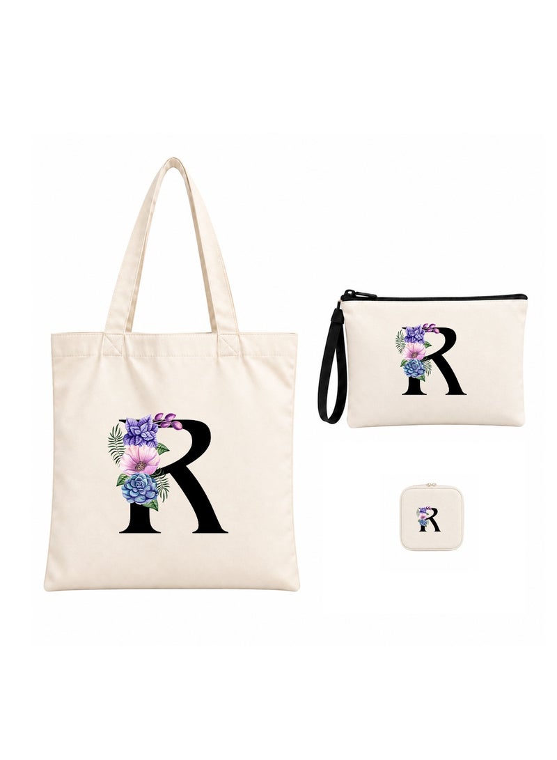 برينت شوب فور مي مجموعة هدايا (حرف مزين بالزهور): حقيبة تسوق (Tote Bag) + حقيبة صغيرة (Pouch) + علبة مجوهرات (3 في 1) - Image 1