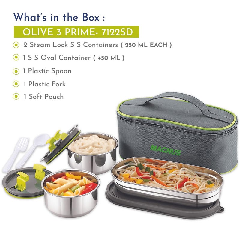 Magnus Olive-3 Prime Steam Lock Stainless Steel Lunch Box for Kids, Lunch Boxes for Office Men, Women, Leak-Proof Containers with Carry Case, Airtight Food Storage for School, Picnic - Image 2