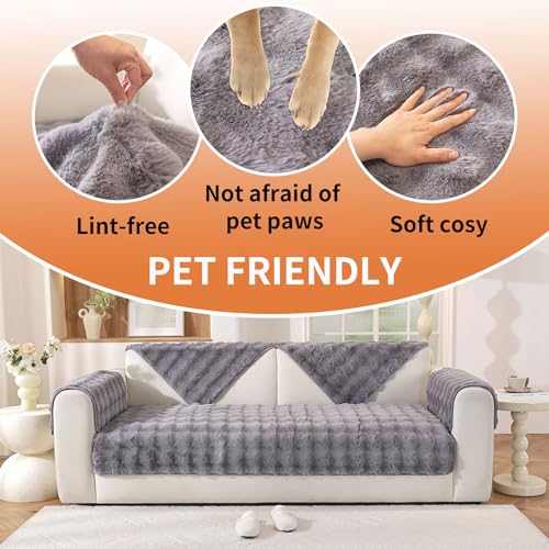 Hittun Waterproof Dog Bed Cover Non Slip Couch Covers for Dogs Washable Soft Faux Fur Sofa Cover Couch Covers for 3 Cushion Couch Sofa Pet Friendly (Grey) - Image 5