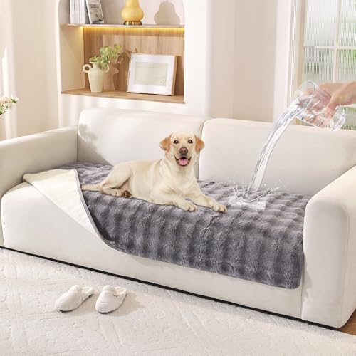 Hittun Waterproof Dog Bed Cover Non Slip Couch Covers for Dogs Washable Soft Faux Fur Sofa Cover Couch Covers for 3 Cushion Couch Sofa Pet Friendly (Grey) - Image 1