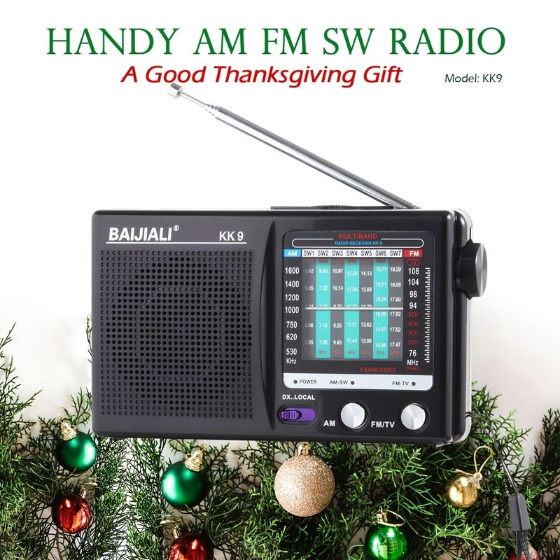 راديو محمول مع مكبر صوت، AM FM SW، مدخل سماعة رأس، يعمل ببطاريتين AA، لون أسود طراز KK9، للاستخدام الداخلي والخارجي والتخييم وحالات الطوارئ - Image 1