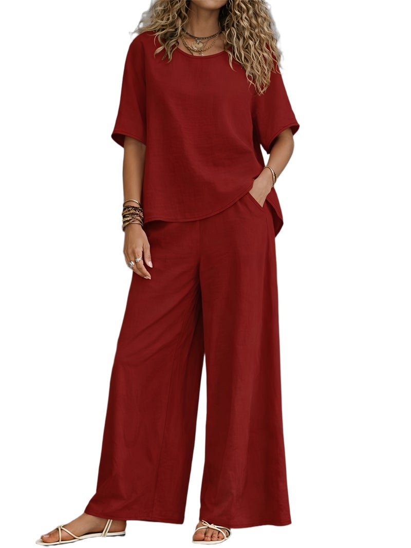 Women's Casual 2pcs Set: Solid Color Loose Short Sleeve Crew Neck Shirt Top + Wide-Leg Long Pants - Image 1