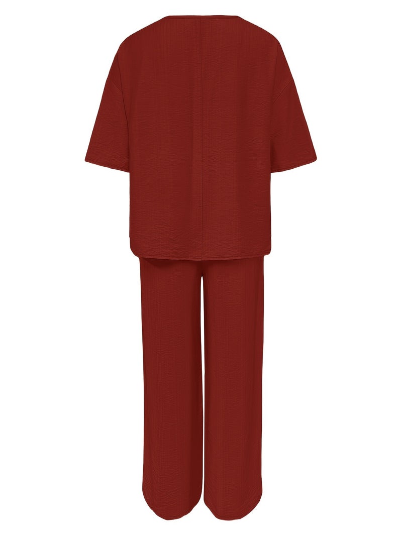 Women's Casual 2pcs Set: Solid Color Loose Short Sleeve Crew Neck Shirt Top + Wide-Leg Long Pants - Image 3