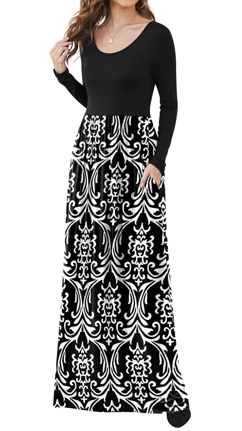 DB MOON Women Casual Long Sleeve Maxi Dresses Empire Waist Long Dress with Pockets Black and White L - Image 2