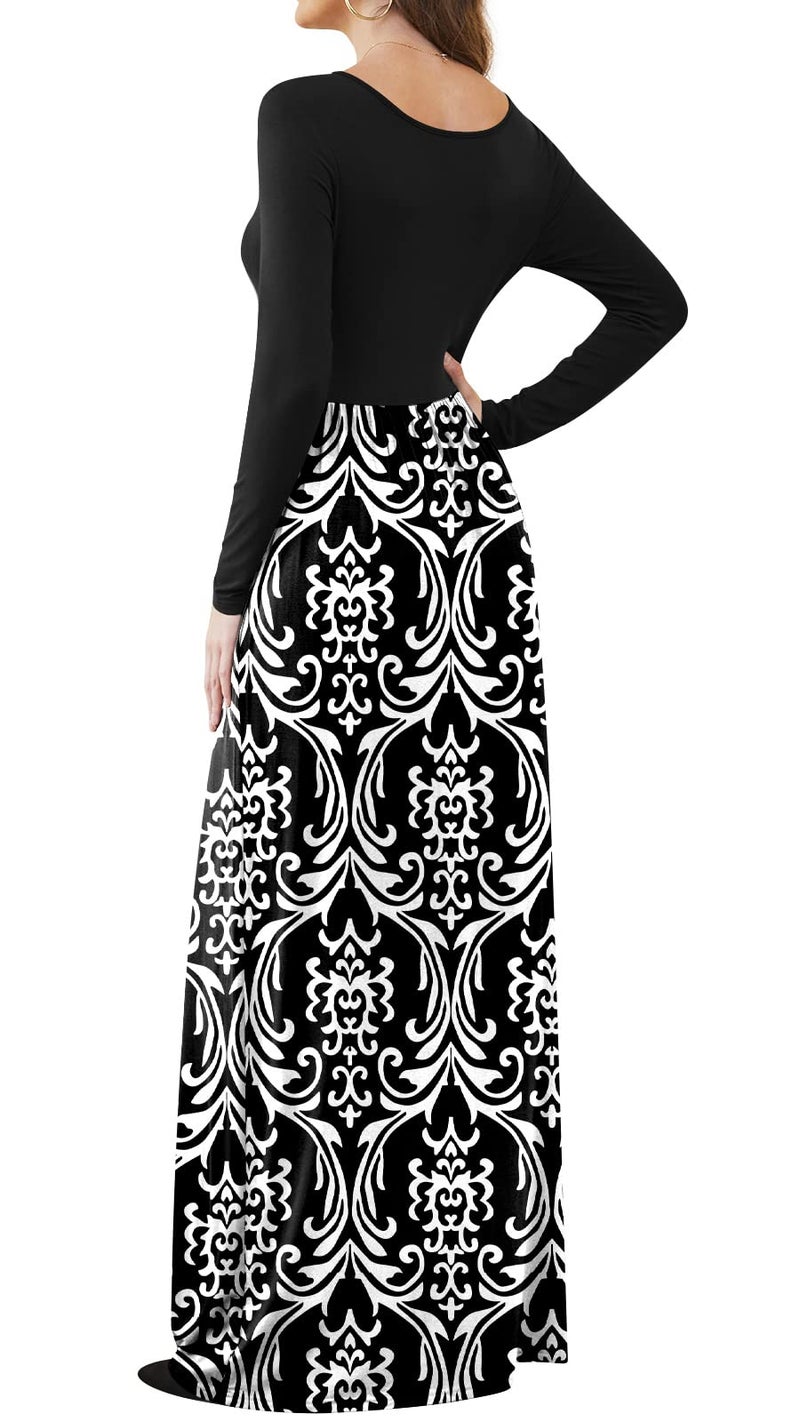 DB MOON Women Casual Long Sleeve Maxi Dresses Empire Waist Long Dress with Pockets Black and White L - Image 3