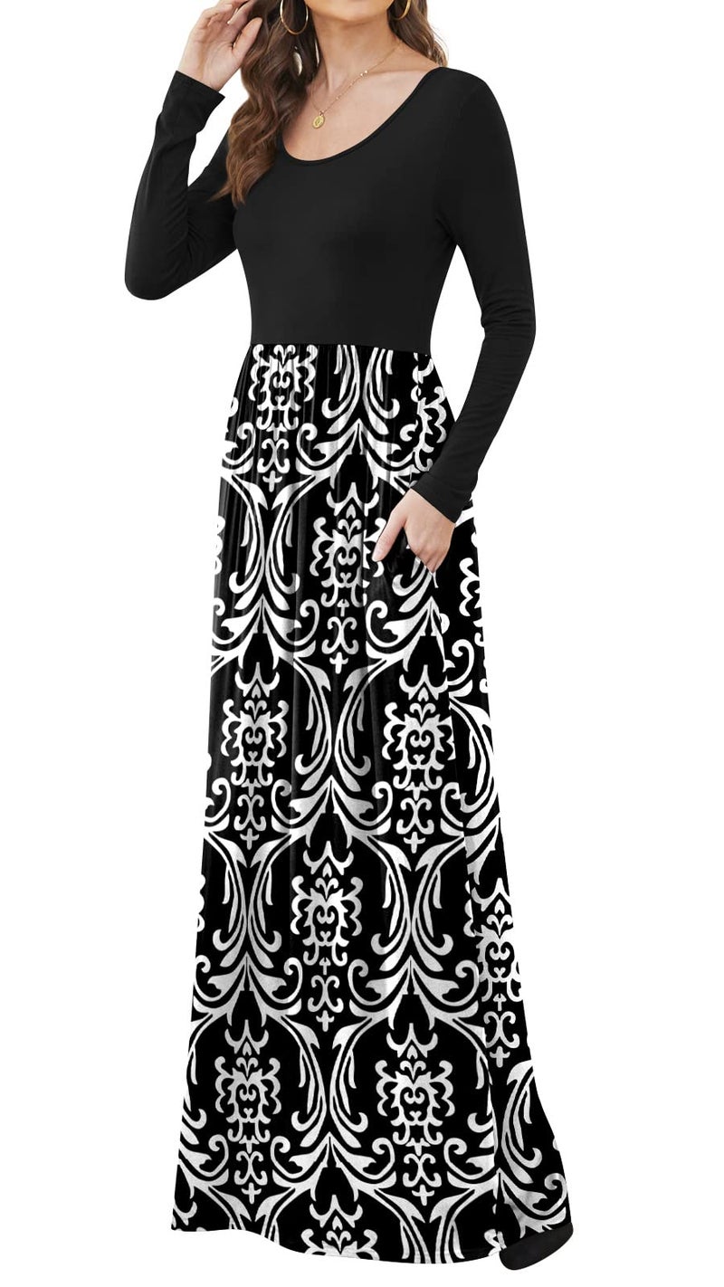 DB MOON Women Casual Long Sleeve Maxi Dresses Empire Waist Long Dress with Pockets Black and White L - Image 4