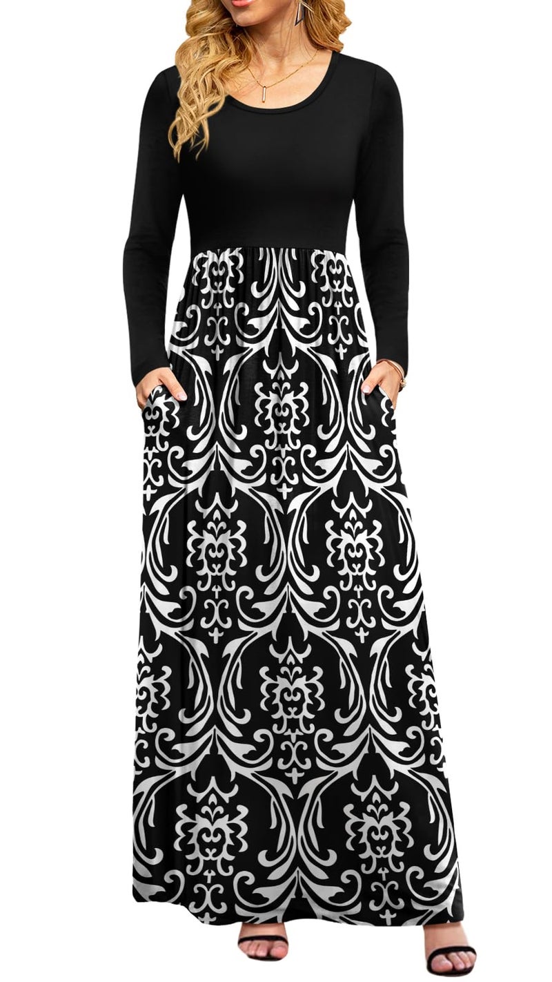 DB MOON Women Casual Long Sleeve Maxi Dresses Empire Waist Long Dress with Pockets Black and White L - Image 1