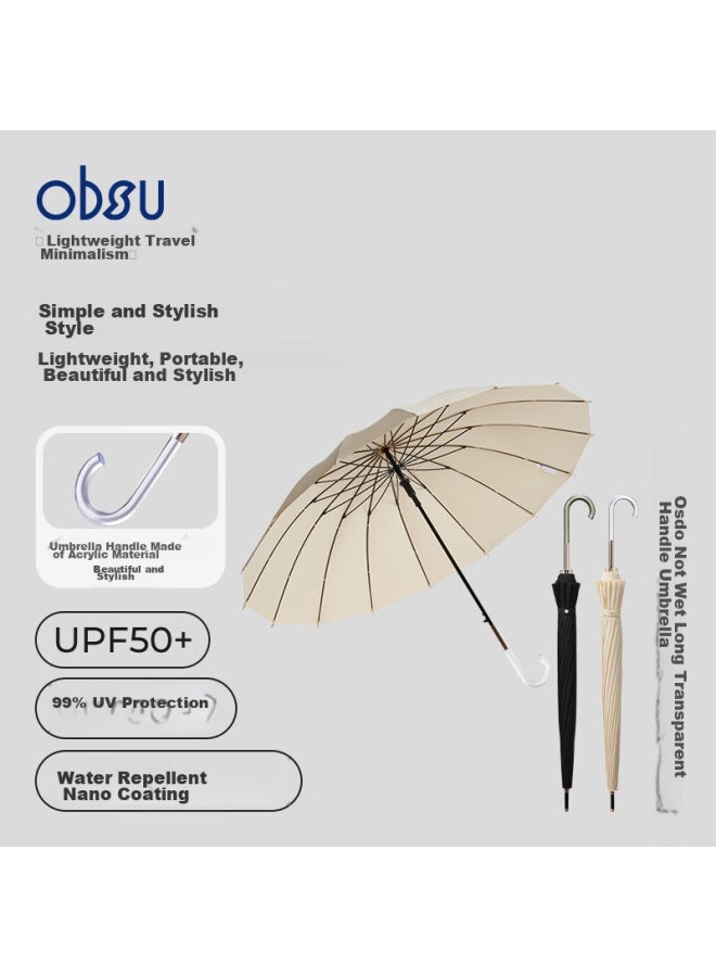 Obsu Umbrella For Rain And Shine, 16 Ribs, Non-wet, Windproof, Nano Coating, Long Handle Rain Umbrella, Beige - Image 1