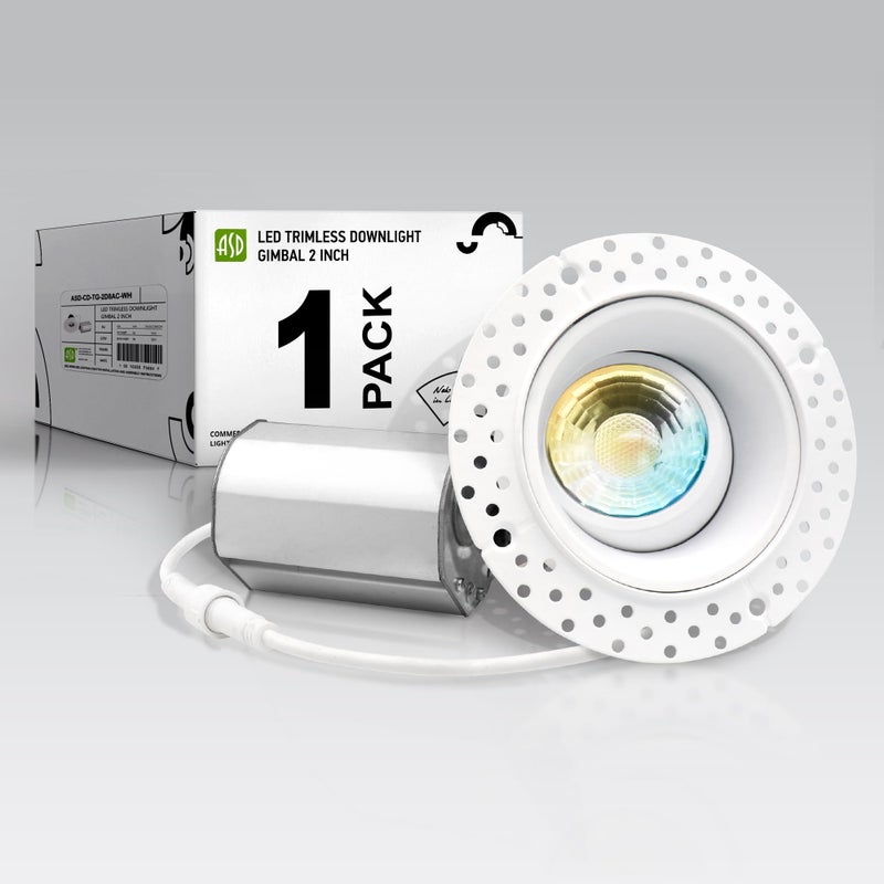 ASD Trimless Gimbal LED Recessed Lighting 2 Inch 8W 120V LED Downlight Adjustable Dimmable Directional Ceiling Light with JBox 5 CCT 2700K5000K CRI 90 IC Rated Airtight ETL Energy Star White