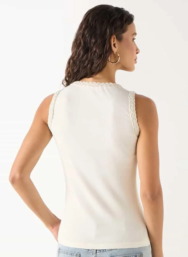 Iconic Iconic Textured Sleeveless Top with Scoop Neck and Braided Detail